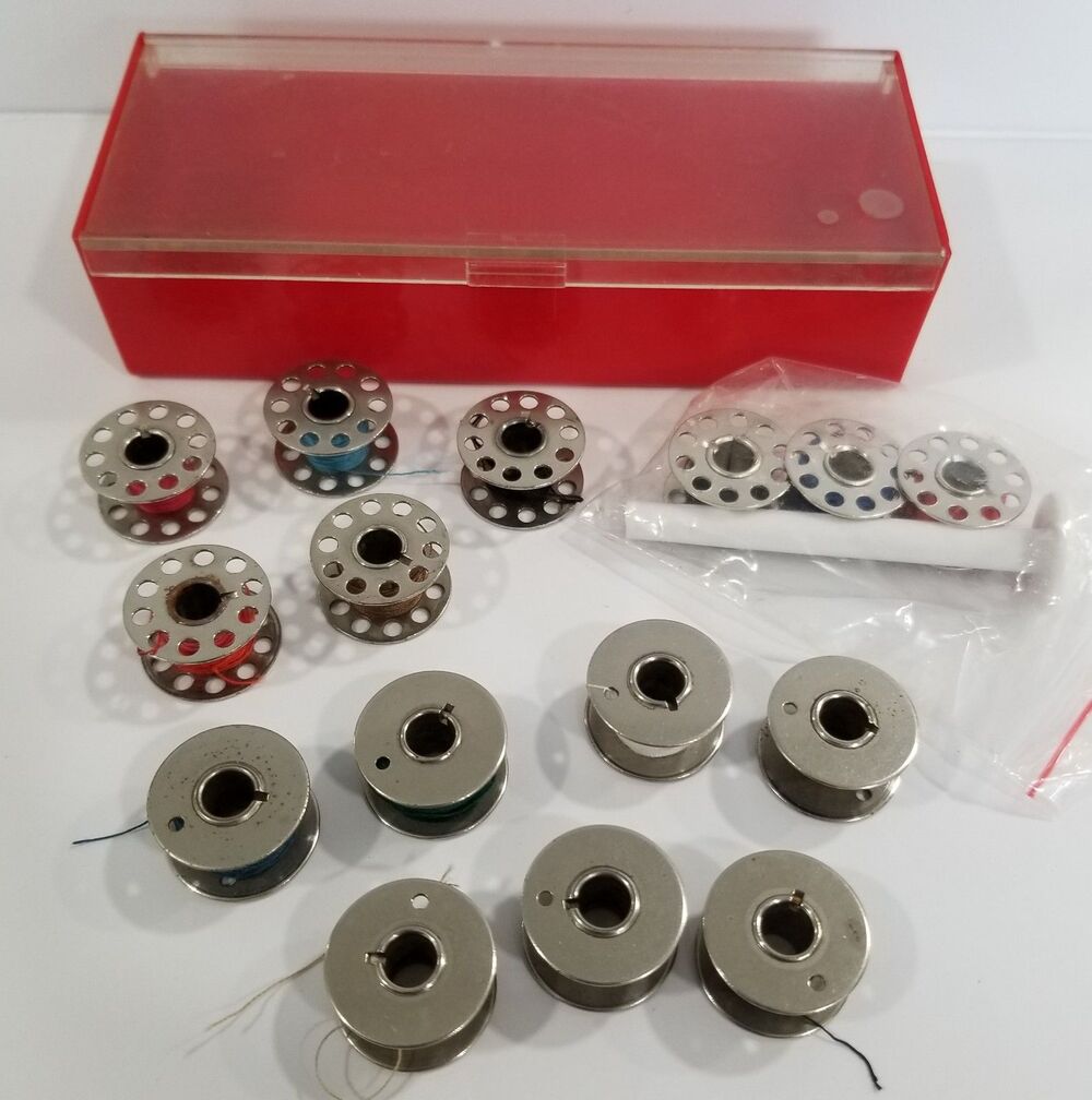 Vintage Metal Sewing Machine Bobbin Lot in Red Anusol Case